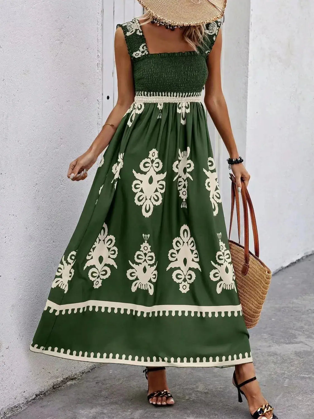 Smocked Printed Wide Strap Maxi Dress Trendsi