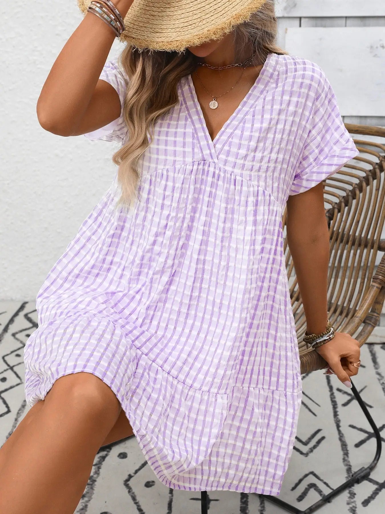 Plaid V-Neck Ruffle Hem Mini Dress Trendsi