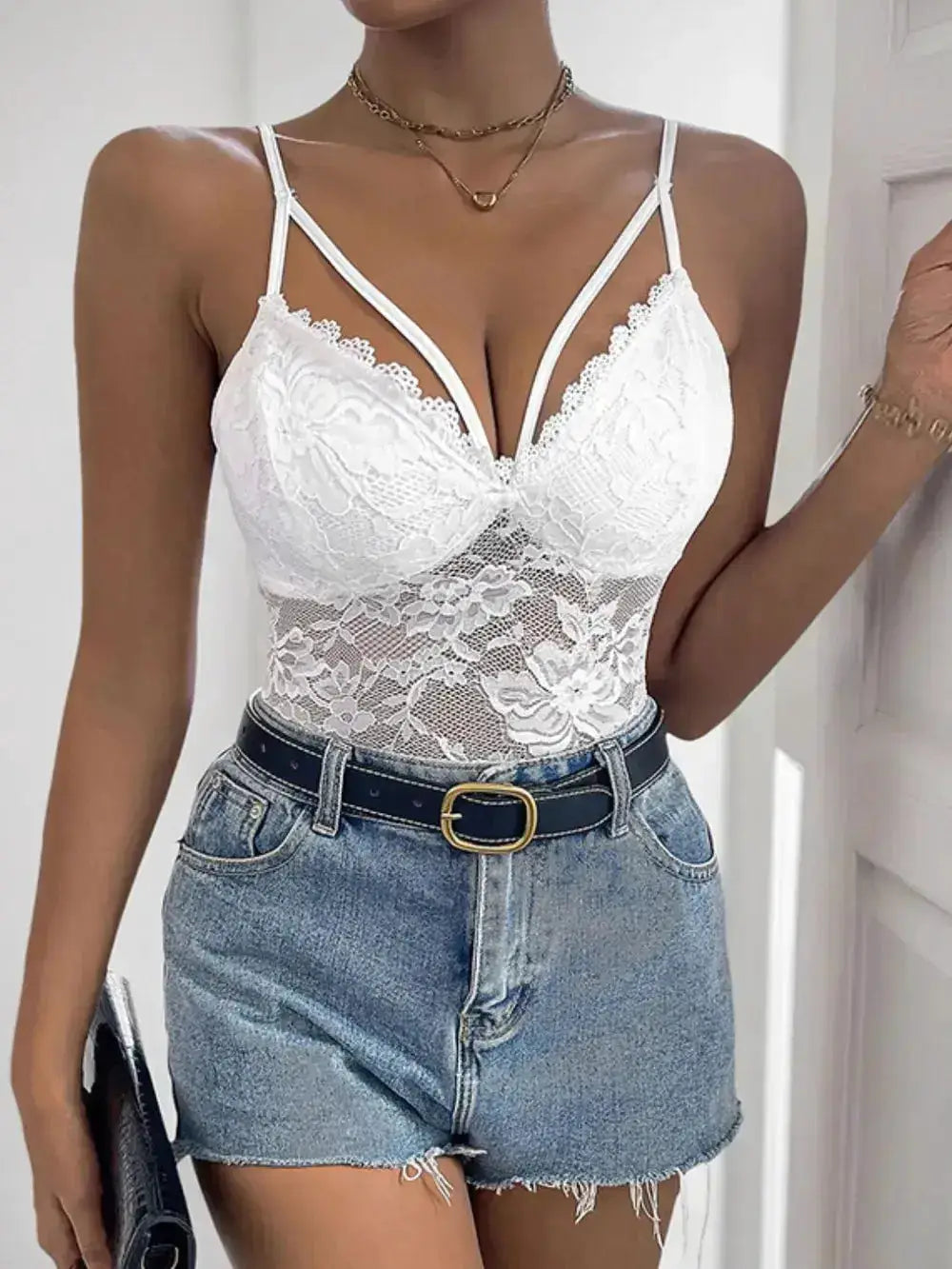 Perfee Spaghetti Strap Lace Bodysuit by Parfymia