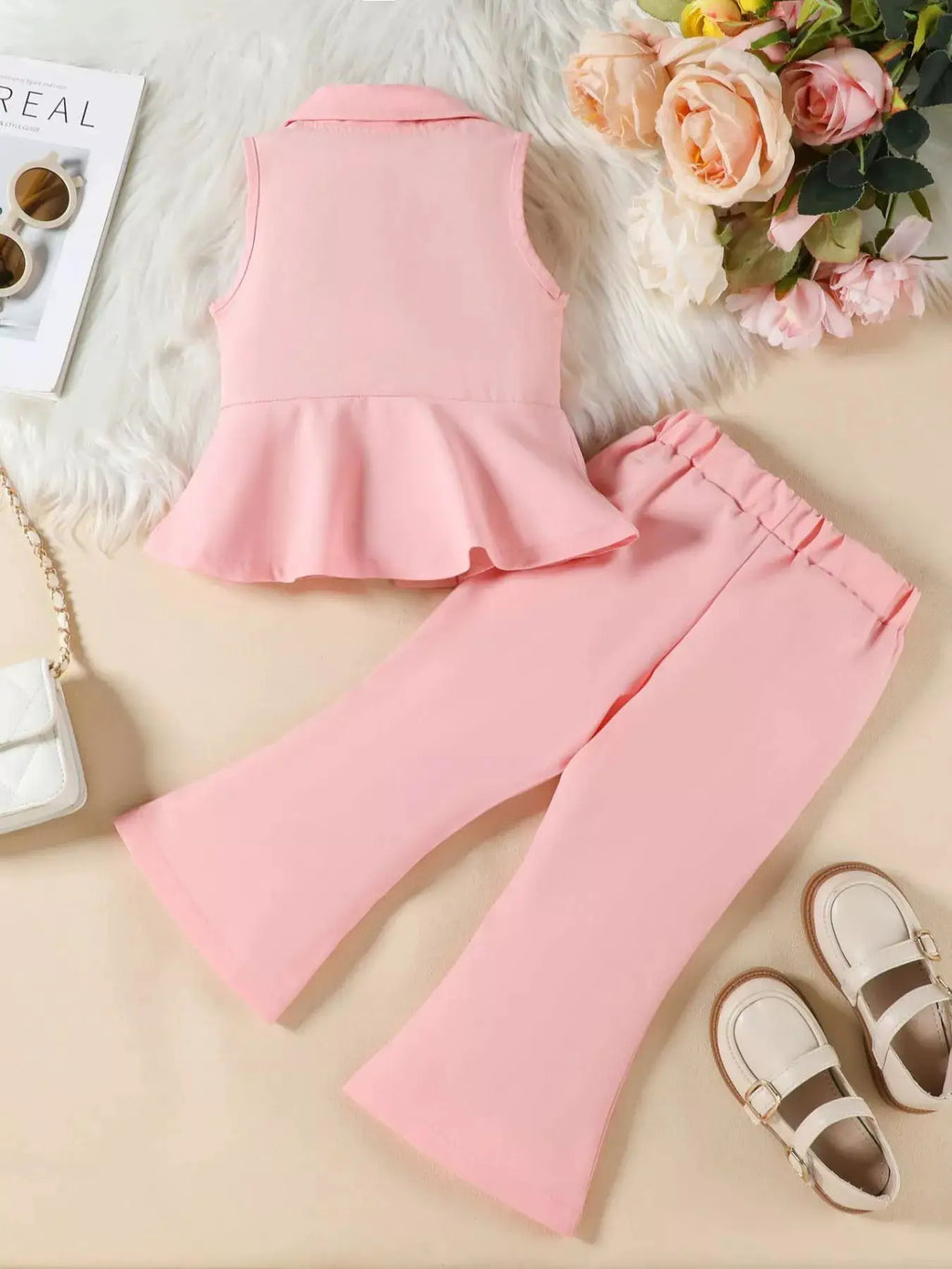 Pink Sleeveless Blazer and Flare Pants Two Piece Set for Women — Parfymia