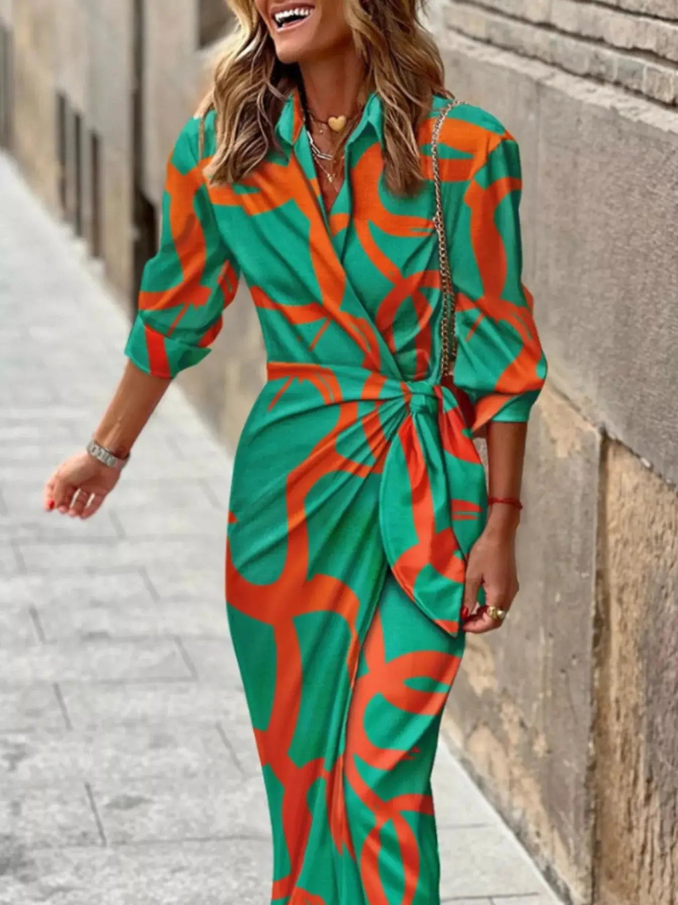 Printed Collared Neck Shirt Dress Trendsi