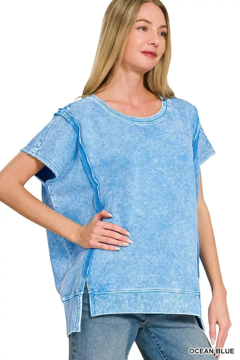 French Terry Halo Snow Washed Oversized Hi Low Crew Neck Top — Parfymia