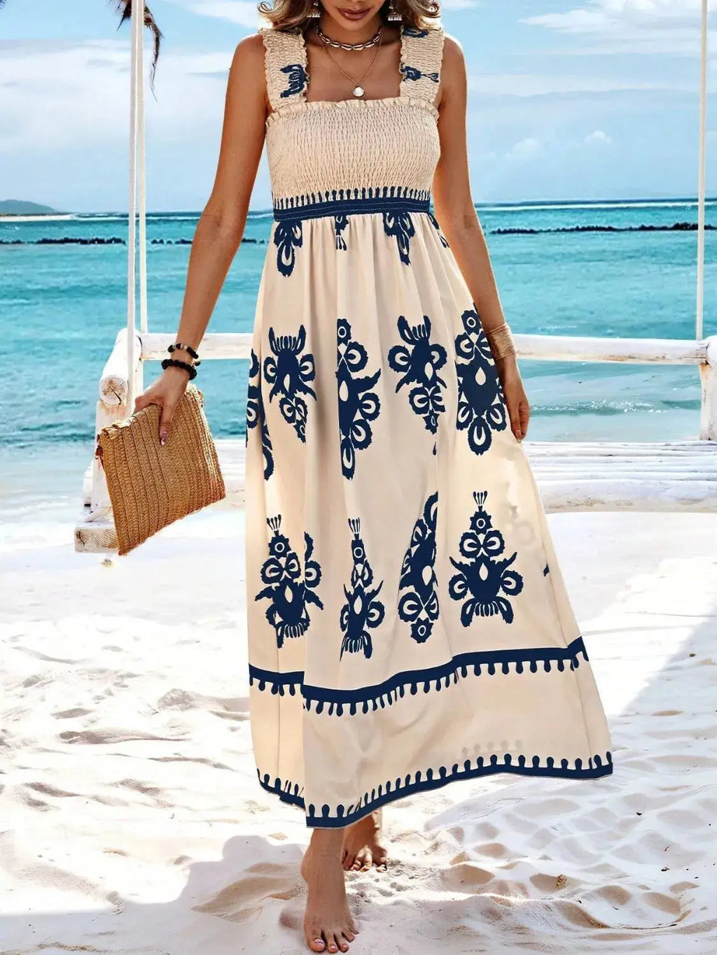 Smocked Printed Wide Strap Maxi Dress Trendsi