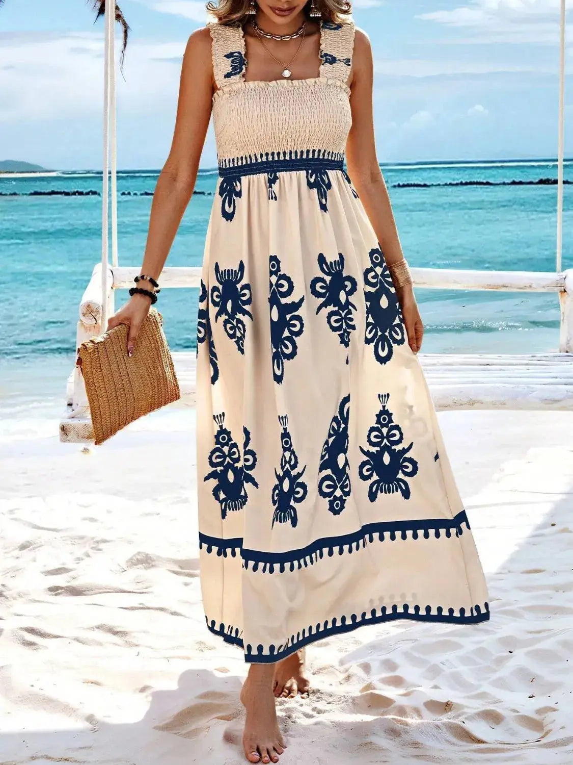 Smocked Printed Wide Strap Maxi Dress Trendsi