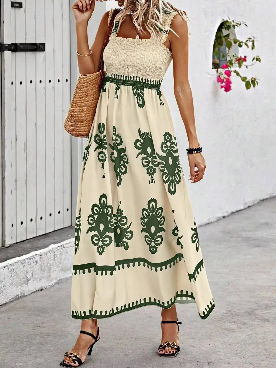 Smocked Printed Wide Strap Maxi Dress Trendsi