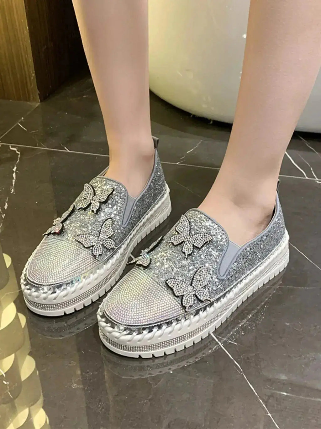 Chic Rhinestone Platform Slip-Ons in PU Leather by Parfymia