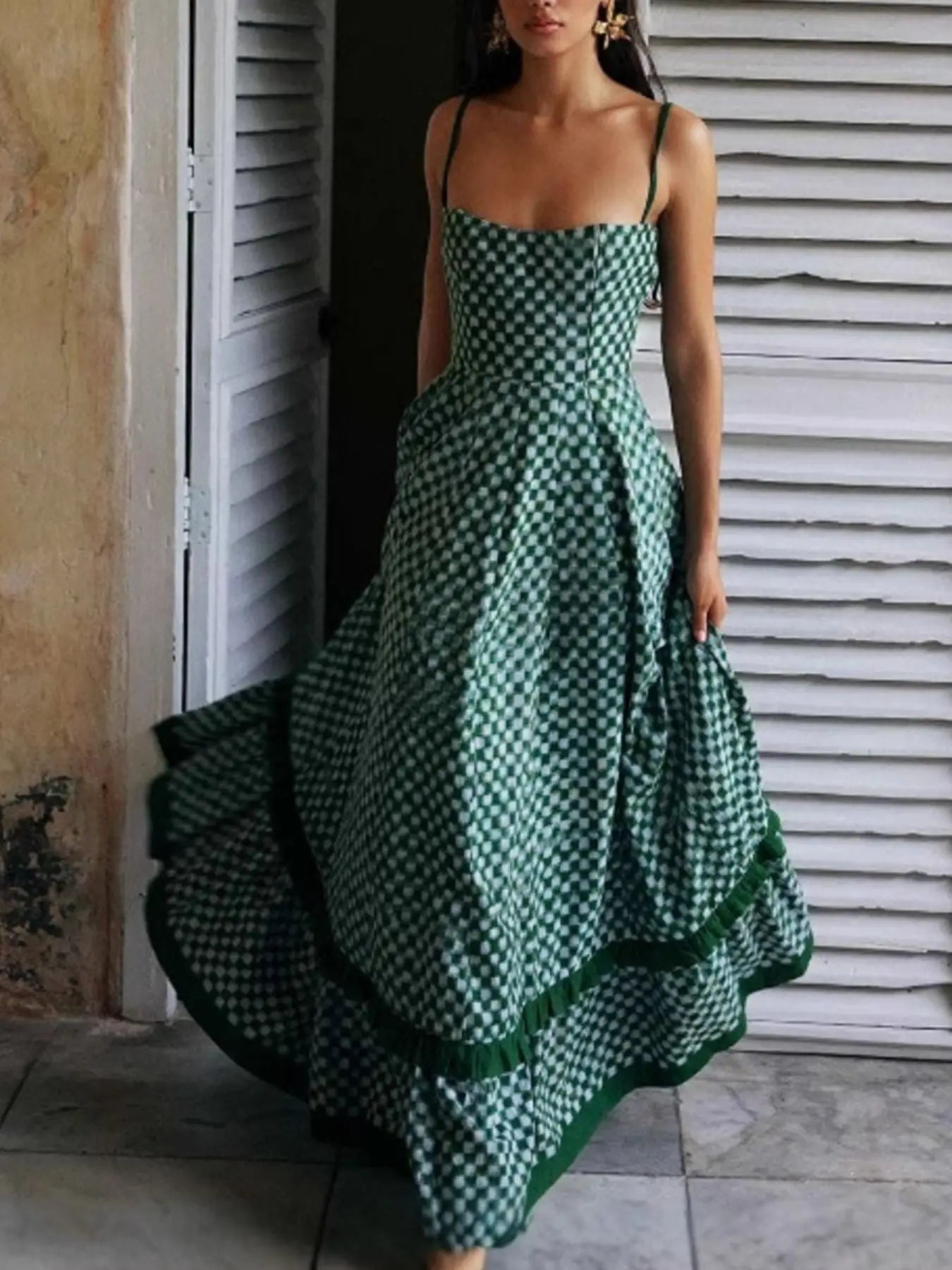 Checkered Spaghetti Strap Maxi Dress Trendsi