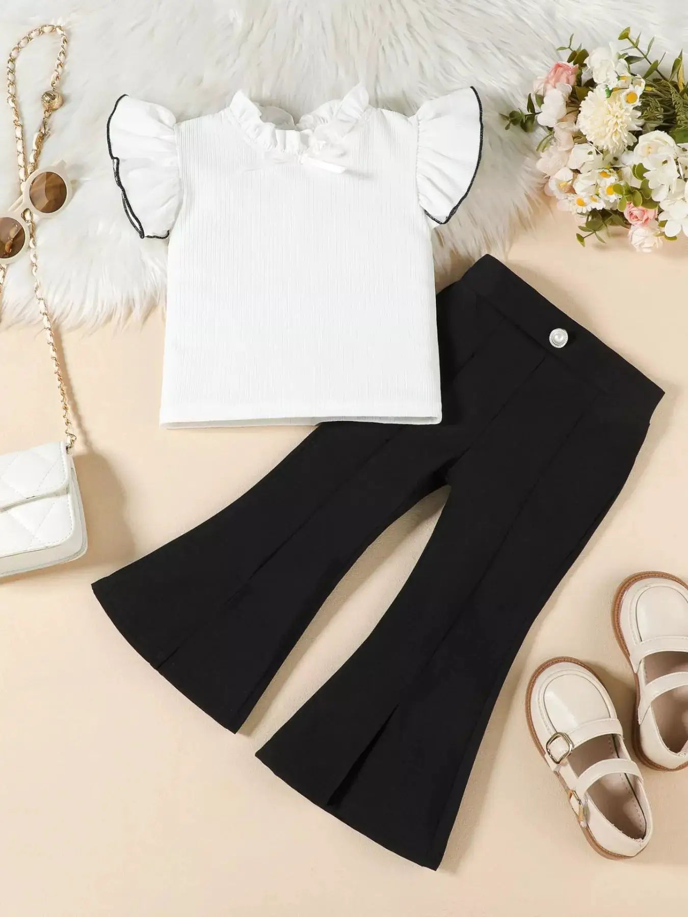 Girls Ruffle Trim Top And Flare Leg Pants Set For Parties — Parfymia