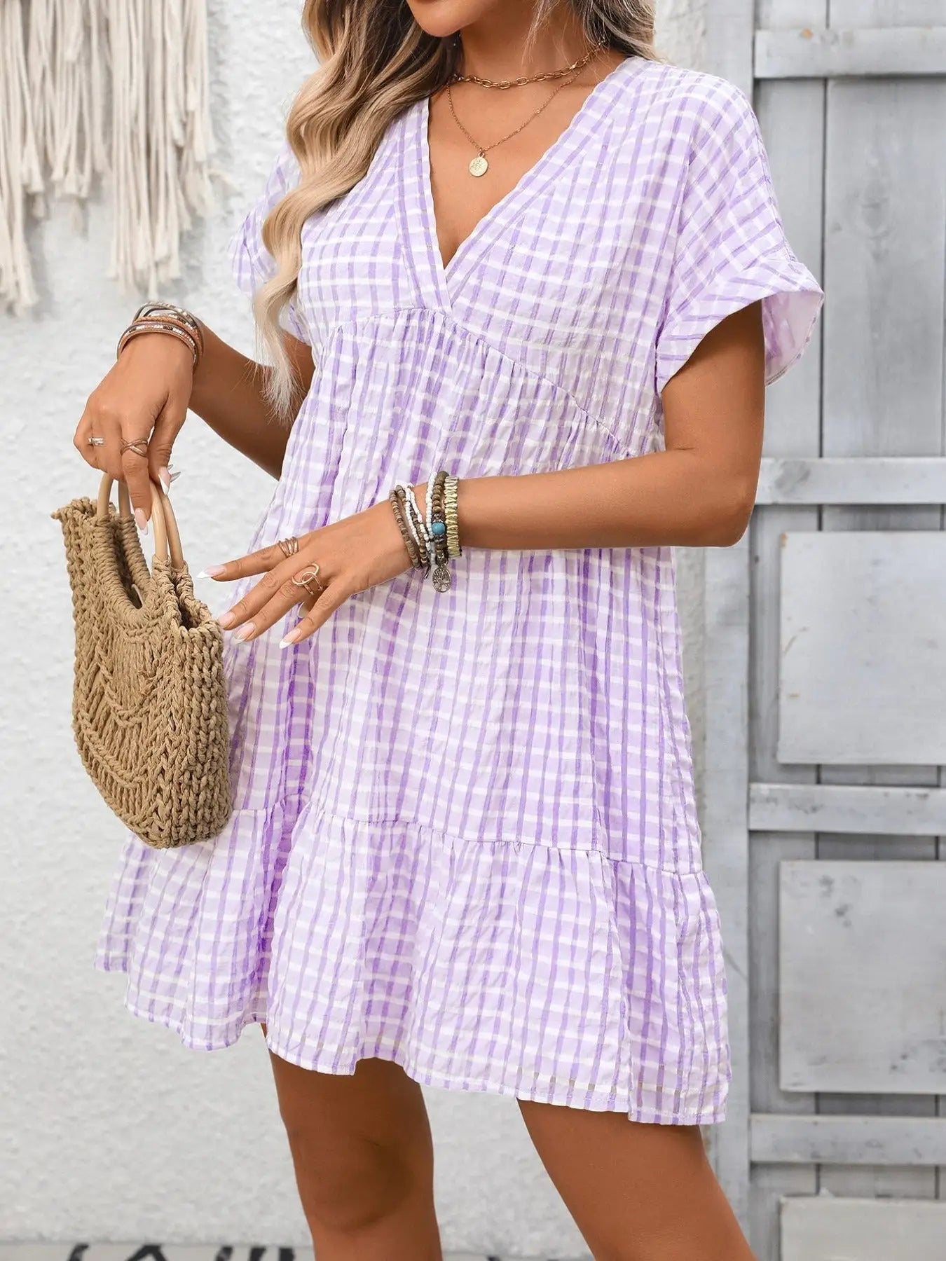 Plaid V-Neck Ruffle Hem Mini Dress Trendsi