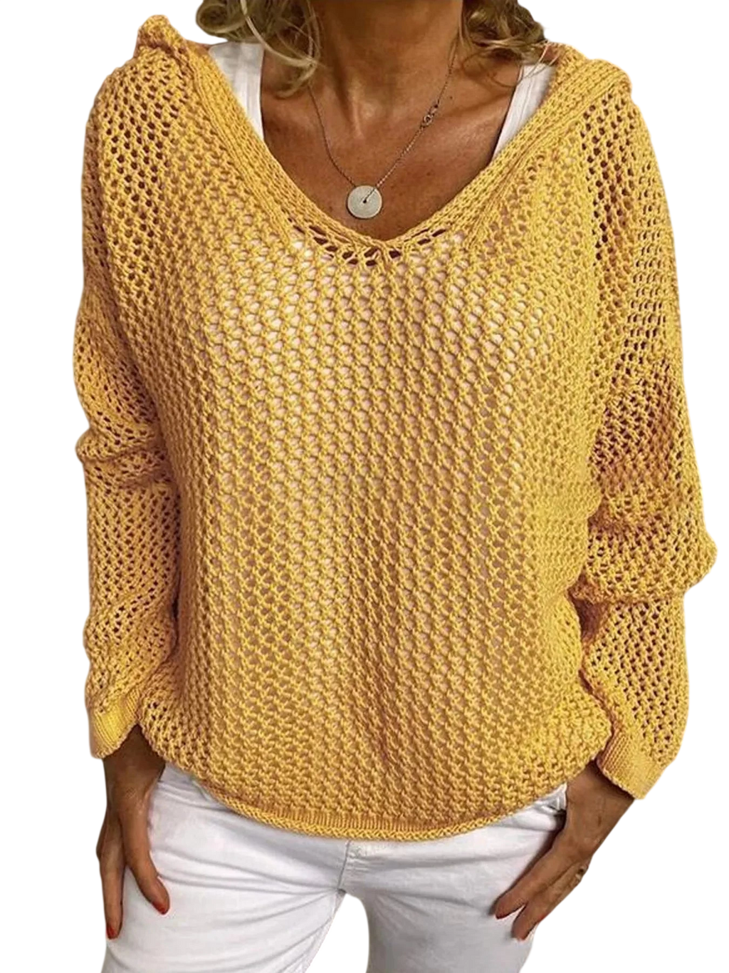 Openwork Long Sleeve Hooded Knit Cover Up