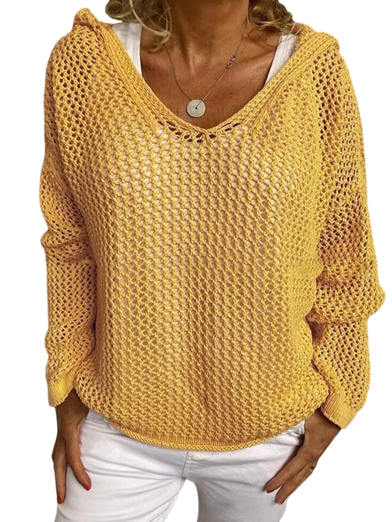 Openwork Long Sleeve Hooded Knit Cover Up