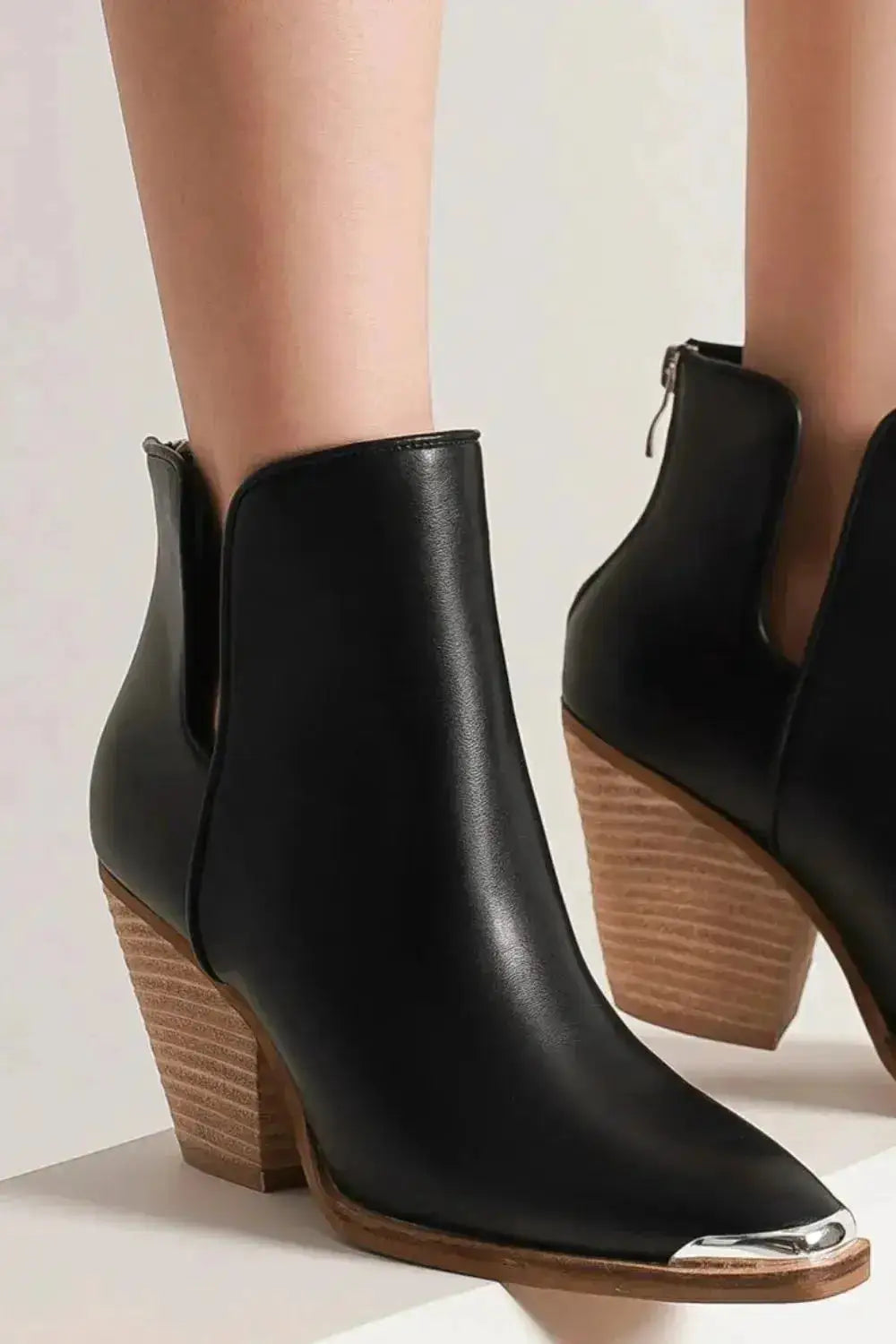 Faux Leather Pointed Toe Block Heel Ankle Boots by Parfymia