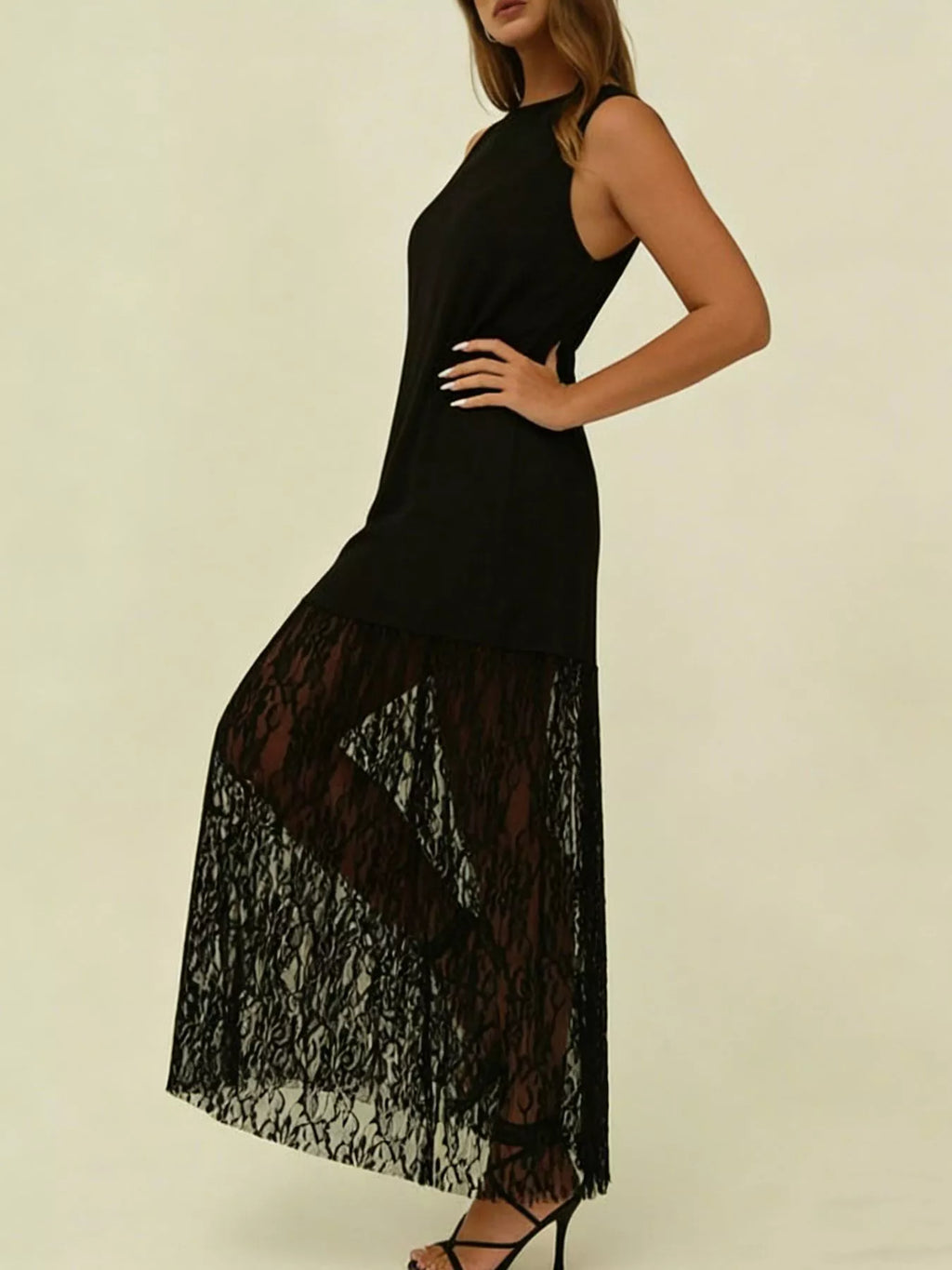 Women's Plus Size Sleeveless Lace Trim Maxi Dress