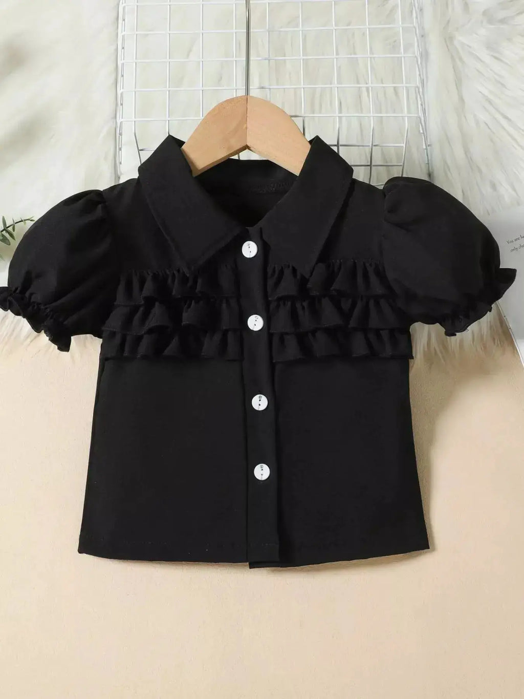 Girls White Puff Sleeve Ruffle Button Top With Black Pleated Skirt Set — Parfymia