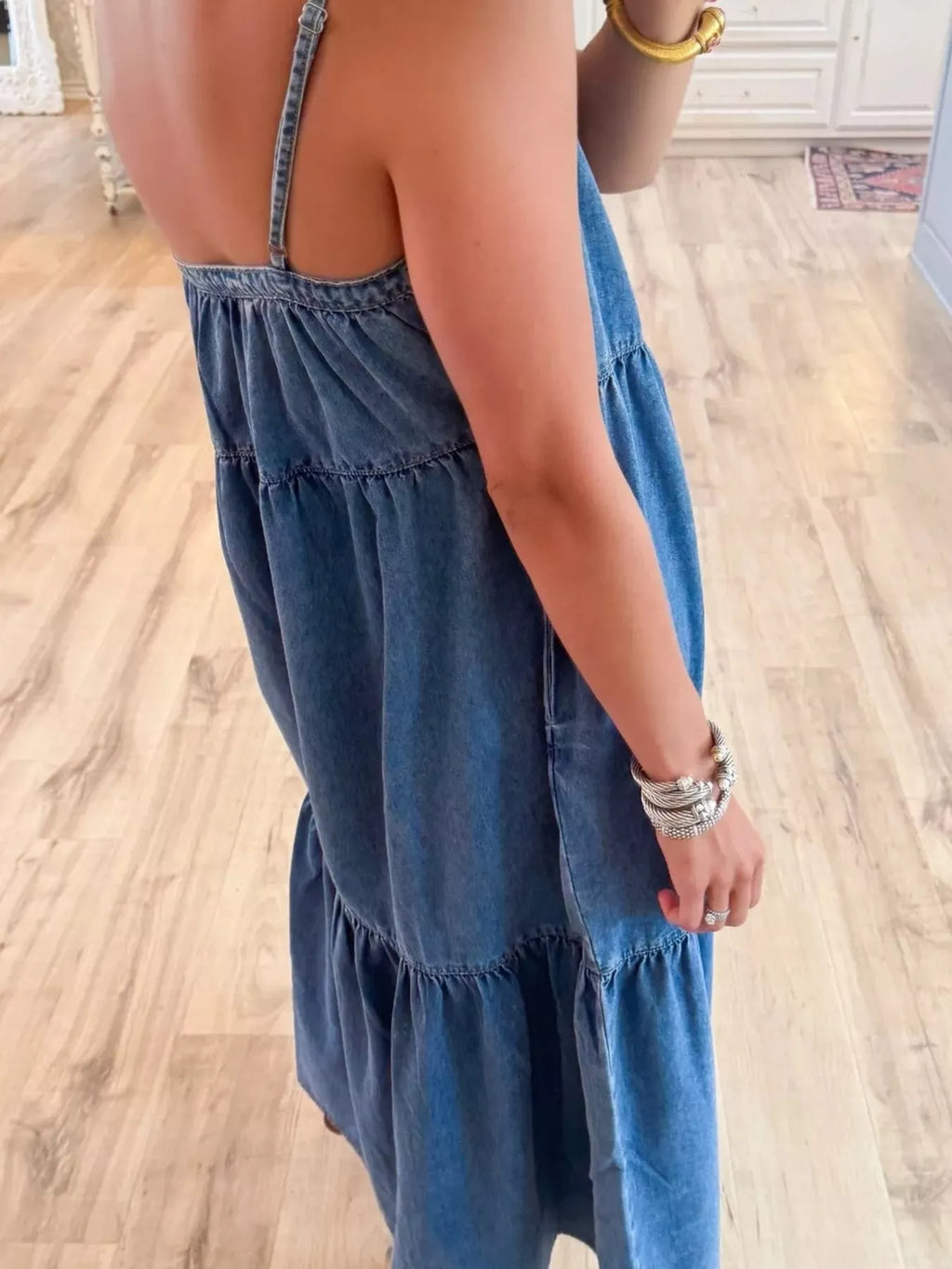 Women's Denim Dress – Tiered Ruffle Midi