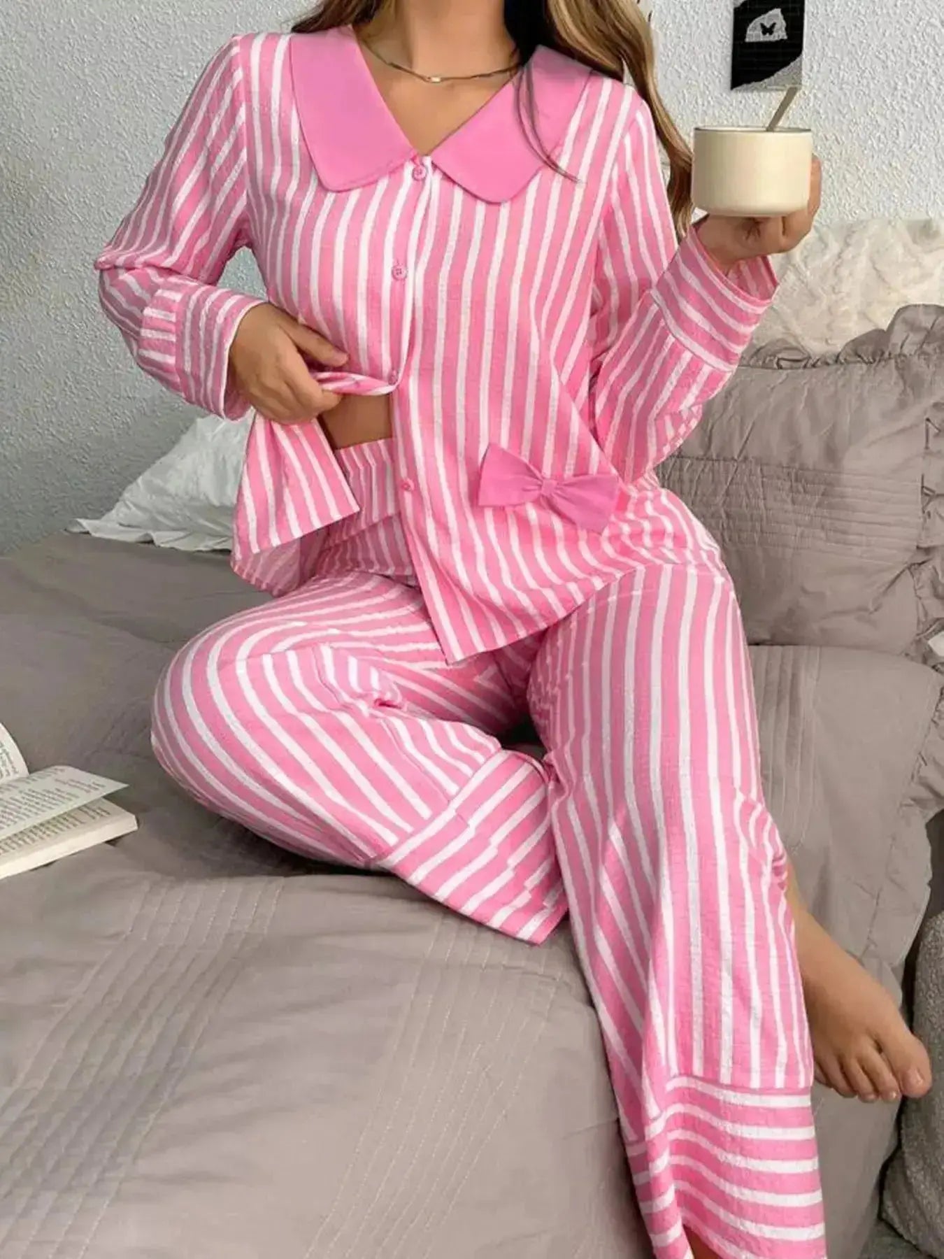 Women's Loungewear Set Striped Button-Front Top