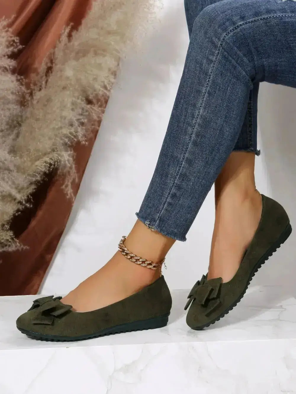 Bow Accent Flat Slip-Ons in Solid Color by Parfymia