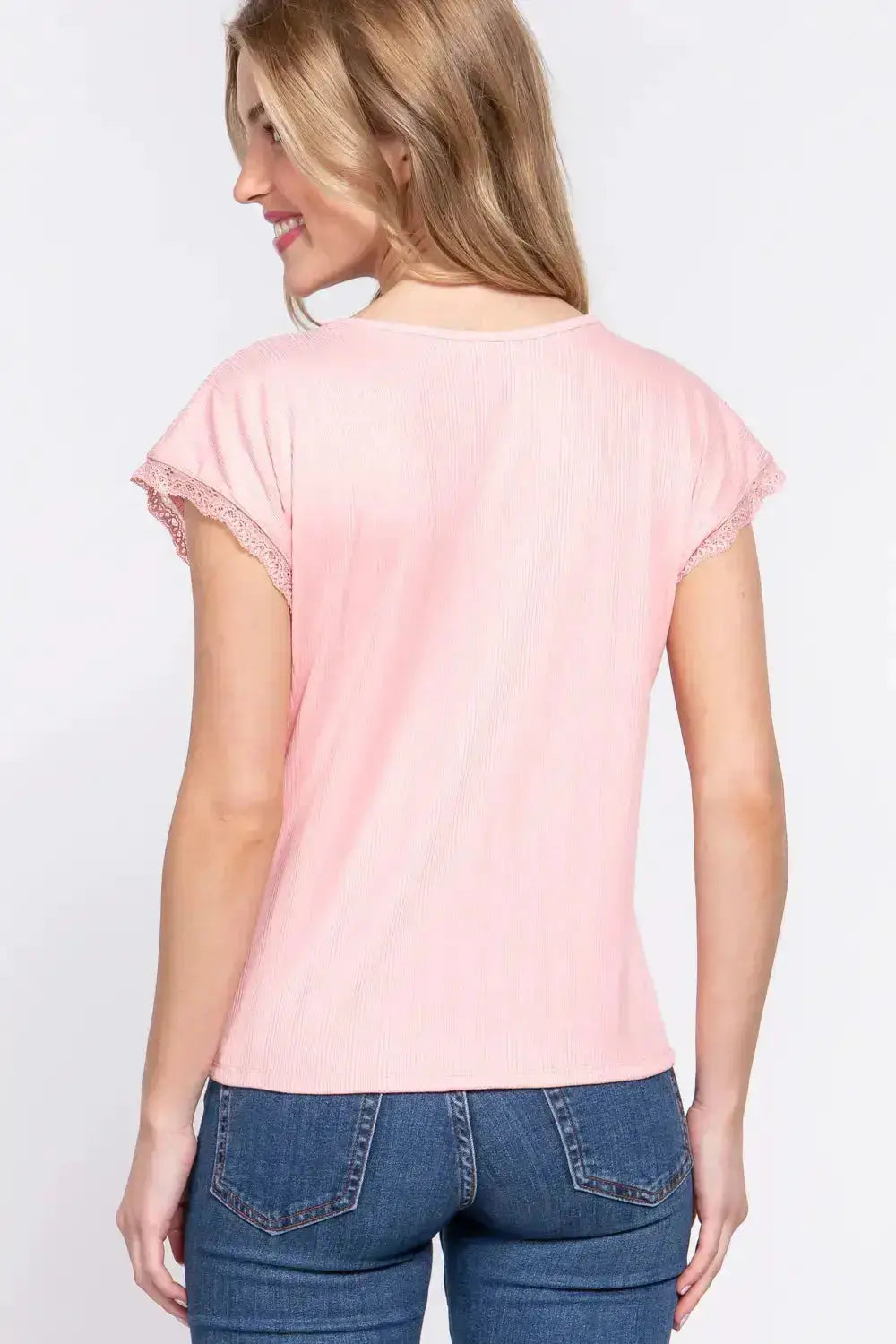 Lace Trim V-Neck Ribbed Top by ACTIVE BASIC by Parfymia