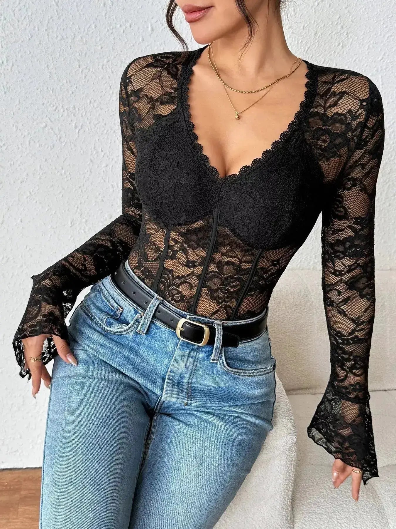 Lace Long Sleeve Bodysuit by Parfymia