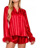 Women's Loungewear Set – Striped Feather Trim