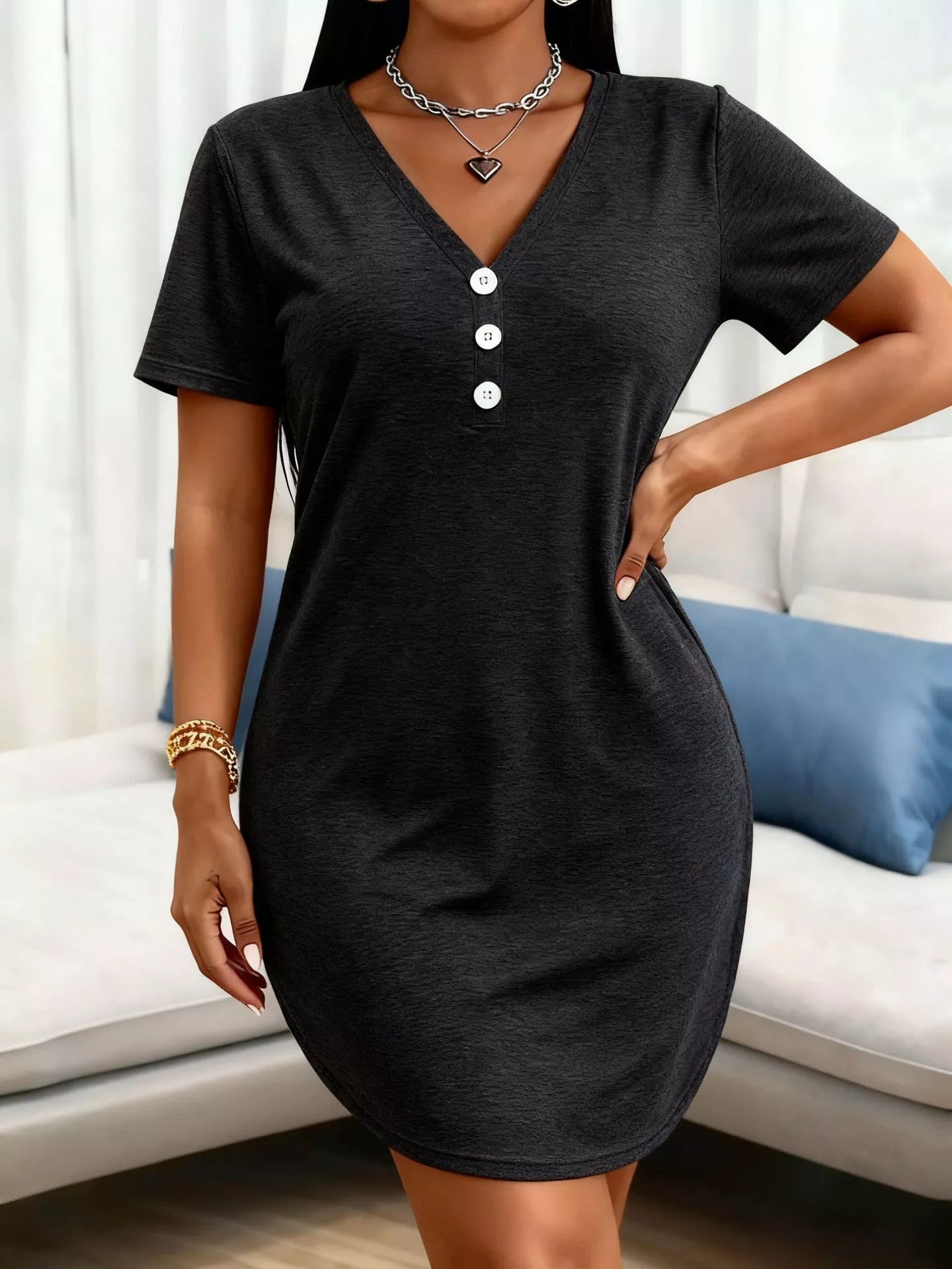 Women's Plus Size V-Neck Button Dress