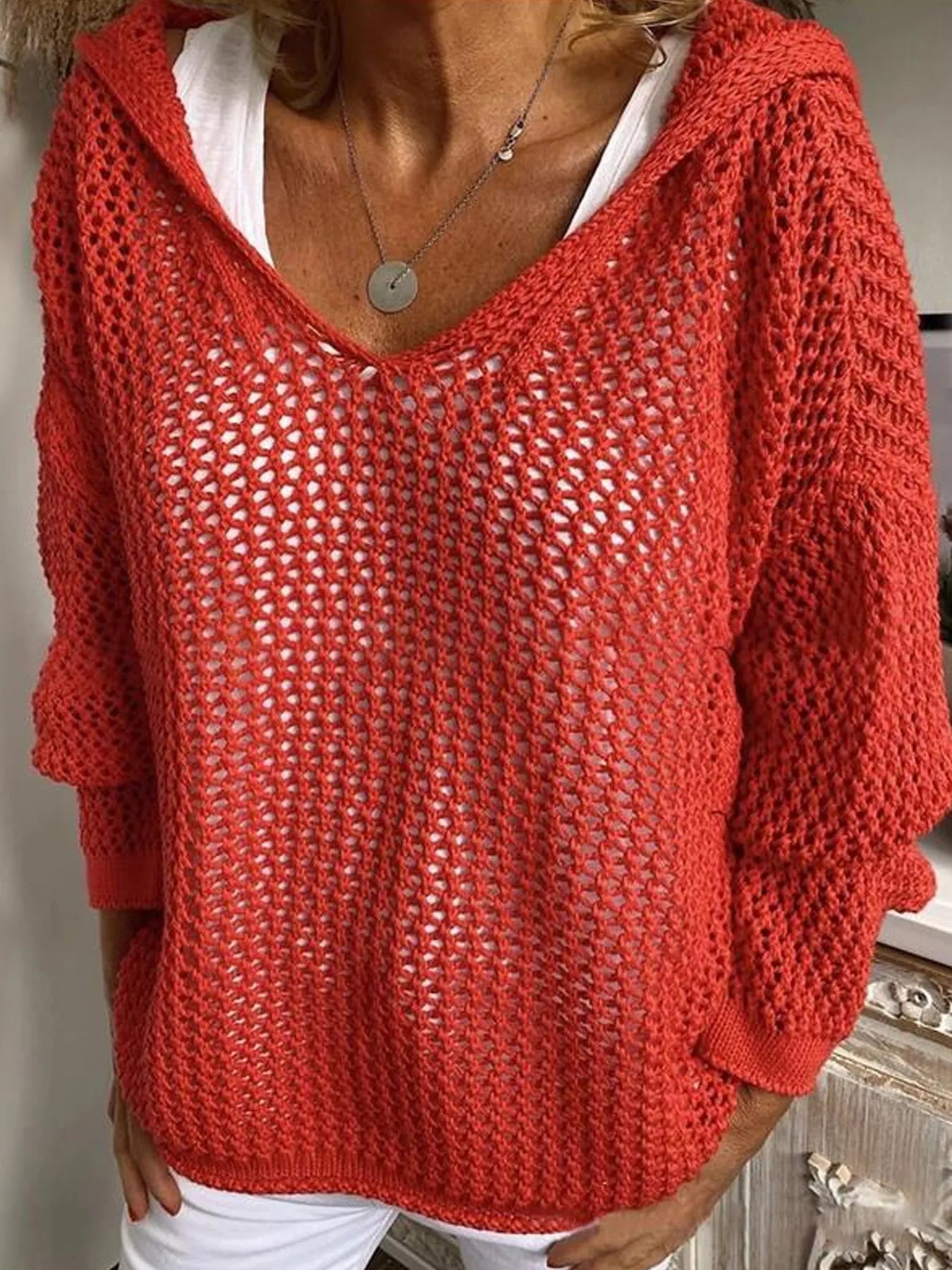 Openwork Long Sleeve Hooded Knit Cover Up