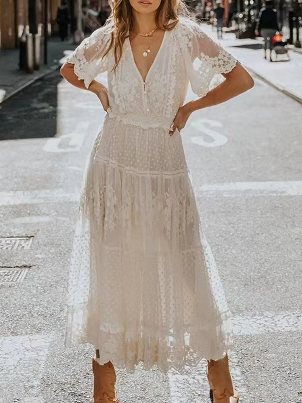 Full Size Lace Bohemian Short Sleeve Maxi Dress Plus Size Trendsi