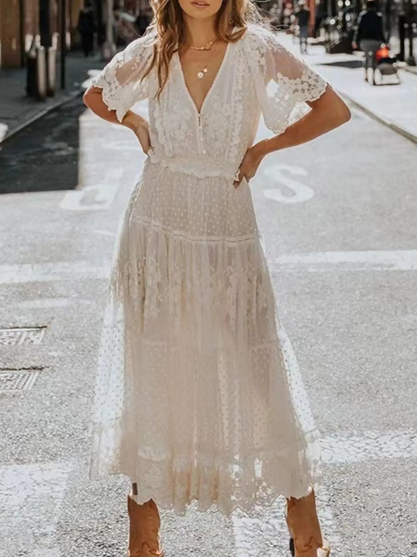 Full Size Lace Bohemian Short Sleeve Maxi Dress Plus Size Trendsi