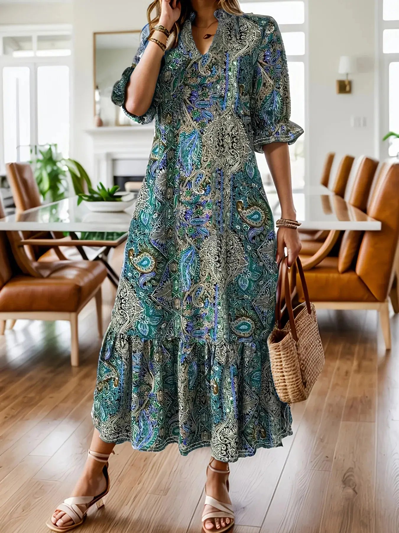 Full Size Bohemian Paisley Print Ruffle Hem Midi Dress Plus Size Trendsi