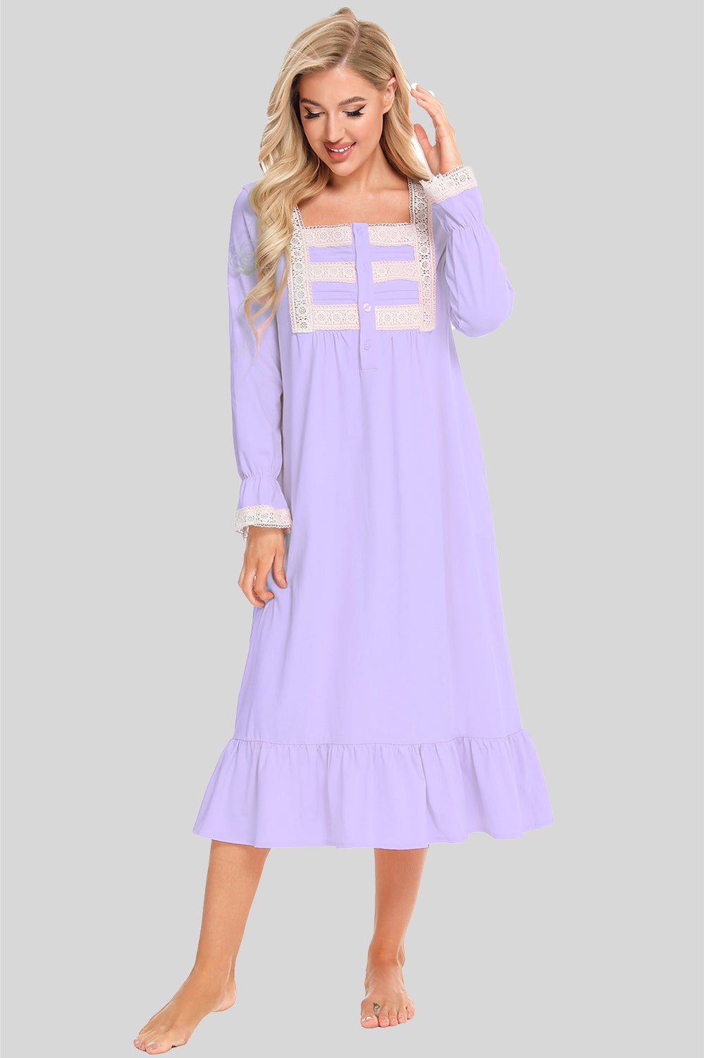 Women's Night Dress – Lace Square Neck Flounce Sleeve