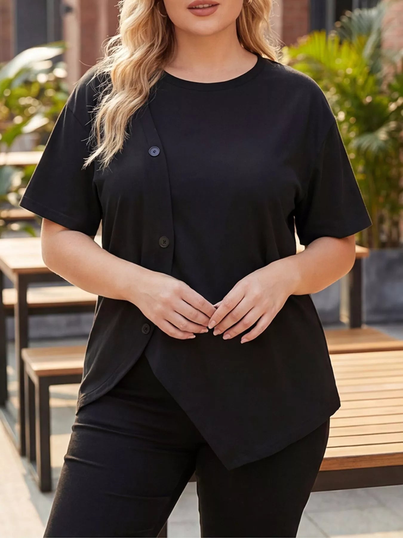 Women's Plus Size Asymmetrical Button T-Shirt