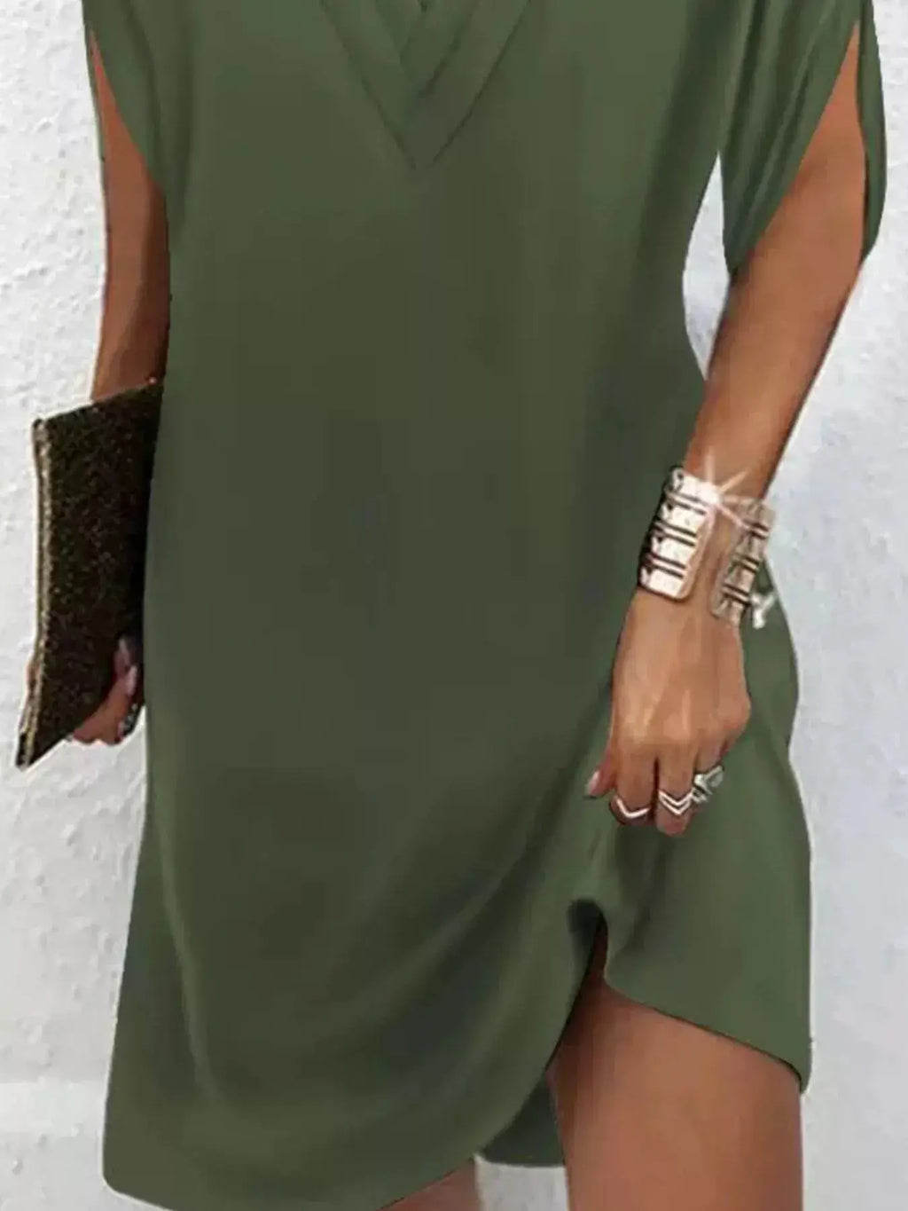 Full Size V-Neck Slit Sleeve Mini Dress Plus Size Trendsi