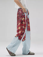 Men's Full Size Plaid Patchwork Wide Leg Jeans Plus Size