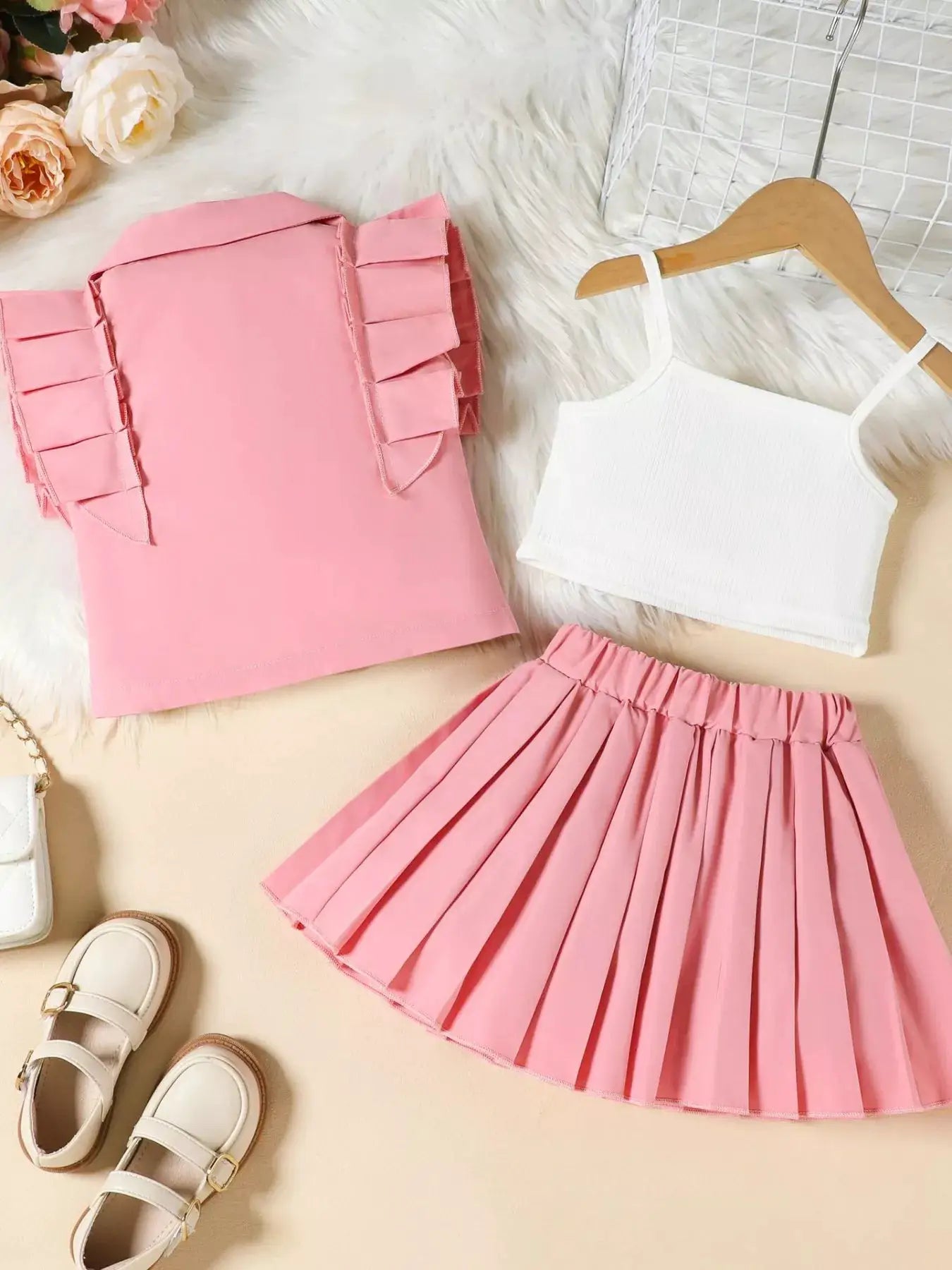 Girls Cami Top And Button Detail Pleated Skirt Set — Parfymia