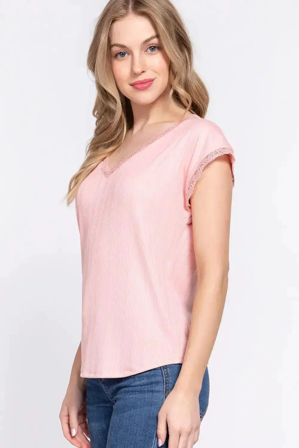 Lace Trim V-Neck Ribbed Top by ACTIVE BASIC by Parfymia