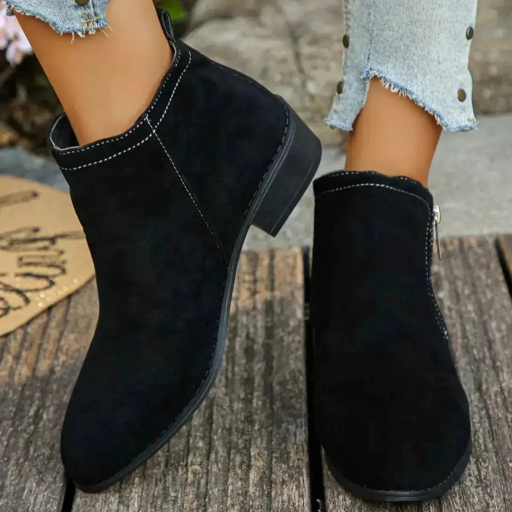 Pointed Toe Block Heel Boots in Suede by Parfymia