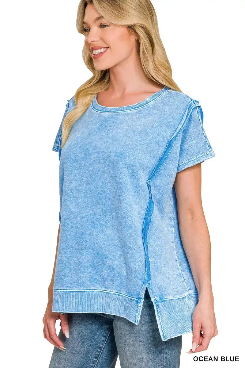 French Terry Halo Snow Washed Oversized Hi Low Crew Neck Top — Parfymia