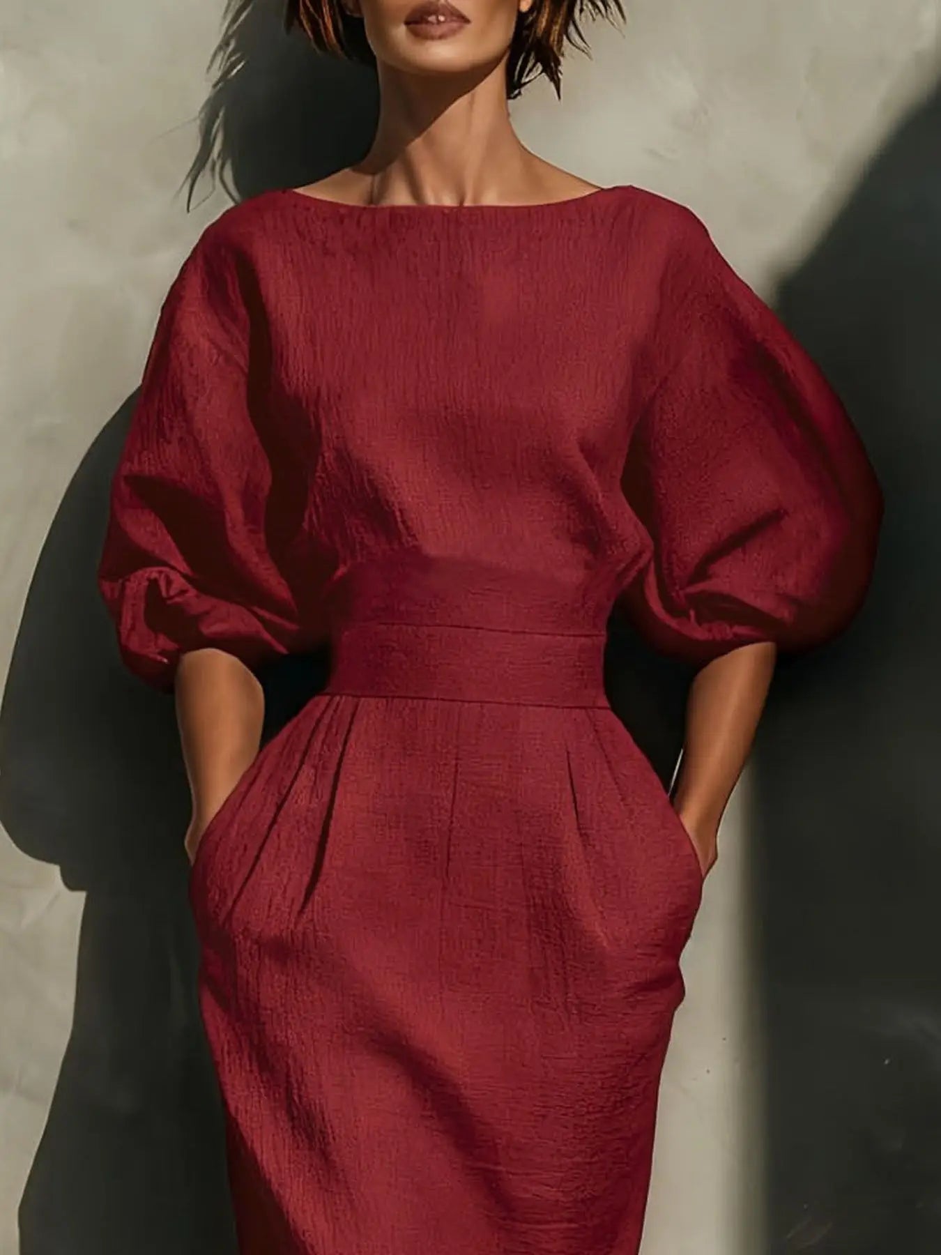Round Neck Puff Sleeves Midi Dress Trendsi