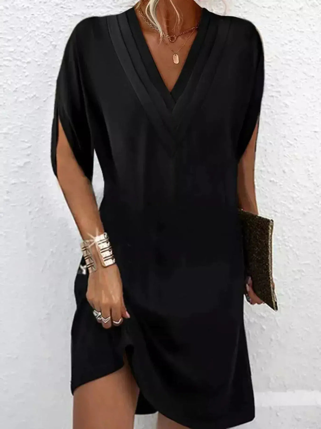 Full Size V-Neck Slit Sleeve Mini Dress Plus Size Trendsi