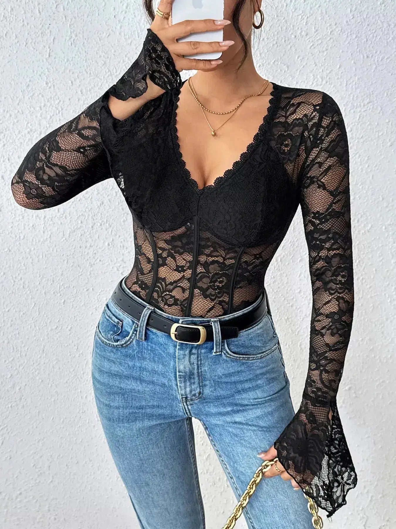 Lace Long Sleeve Bodysuit by Parfymia