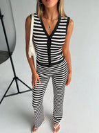 Striped Knit V-Neck Button-Up Sleeveless Top and Flare Pants Set