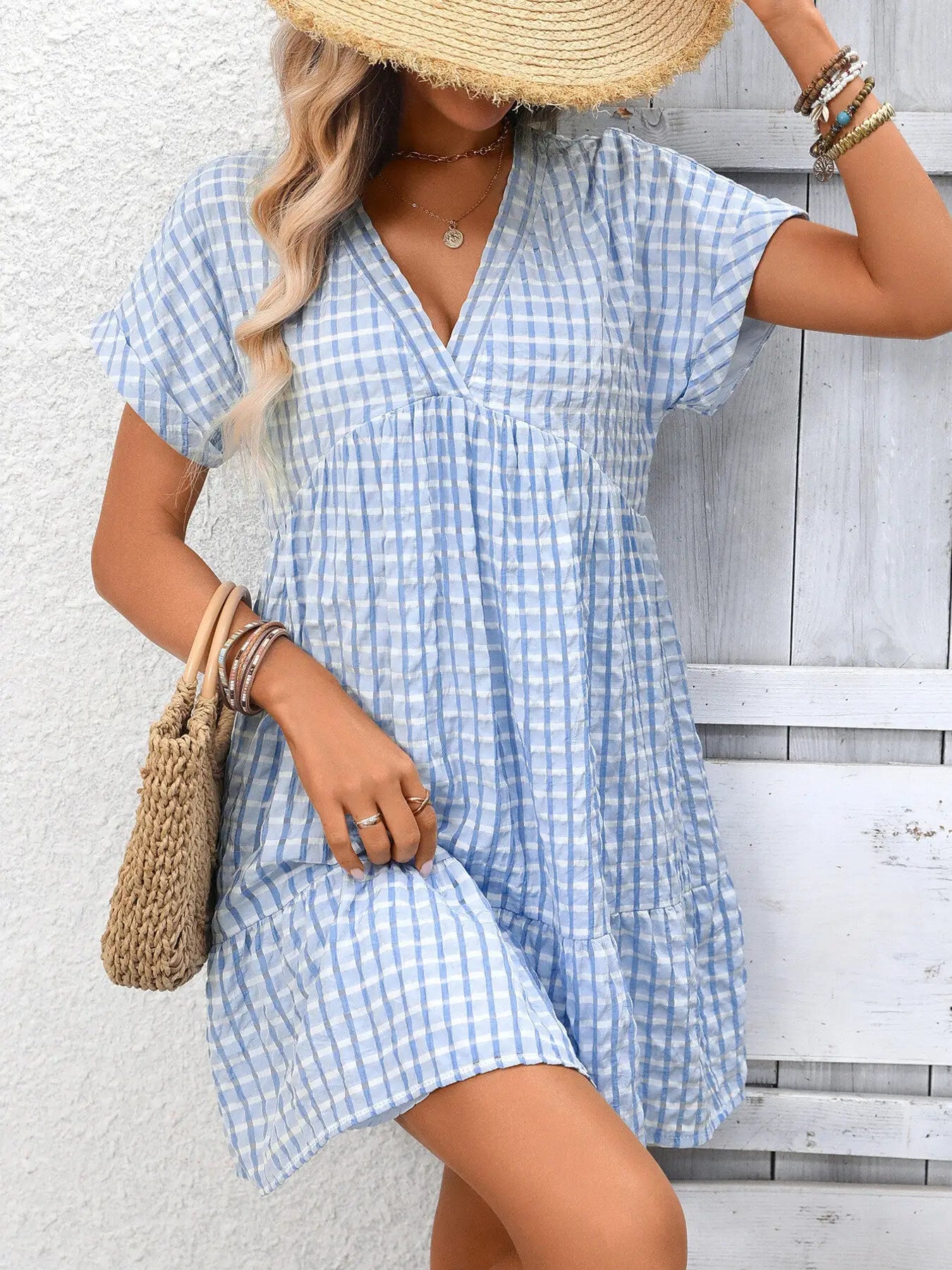 Plaid V-Neck Ruffle Hem Mini Dress Trendsi