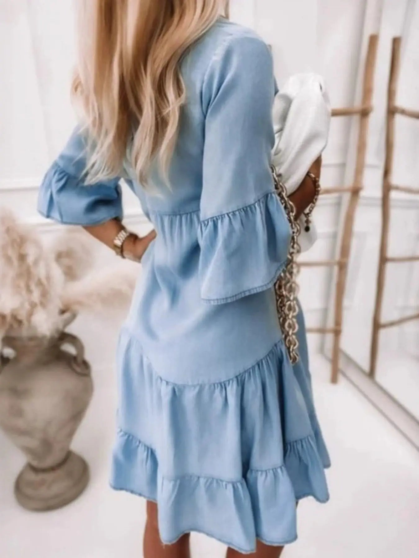 Ruffled Sleeve Button Front Mini Dress Trendsi