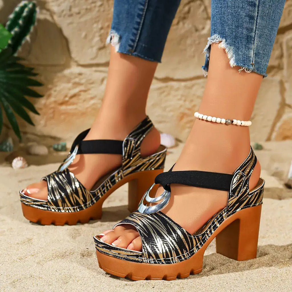 Zebra Print Open Toe Block Heel Sandals PU Leather For Women — Parfymia