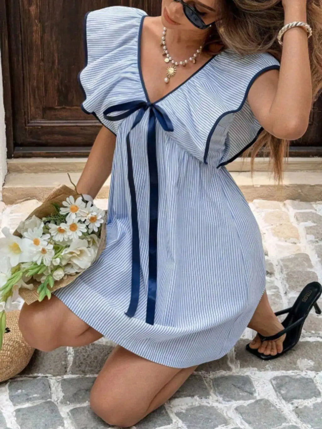 Striped Ruffle Sleeve Mini Dress Trendsi
