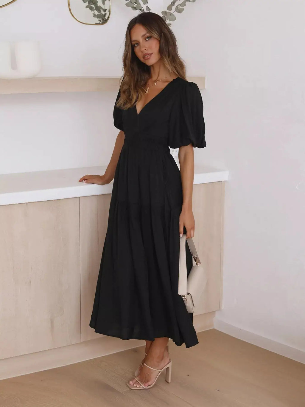 Tiered Puff Sleeve Midi Dress Trendsi