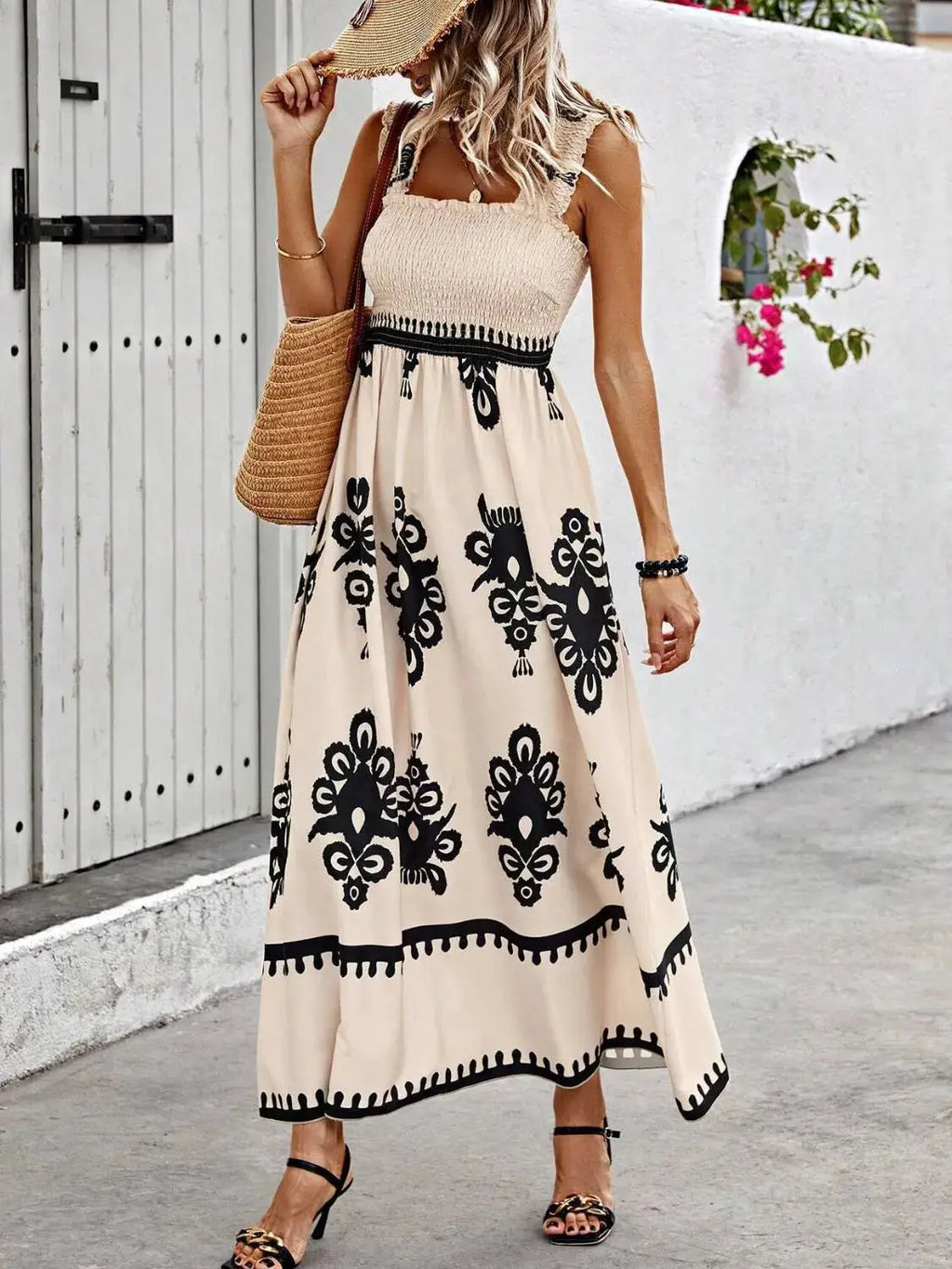 Smocked Printed Wide Strap Maxi Dress Trendsi