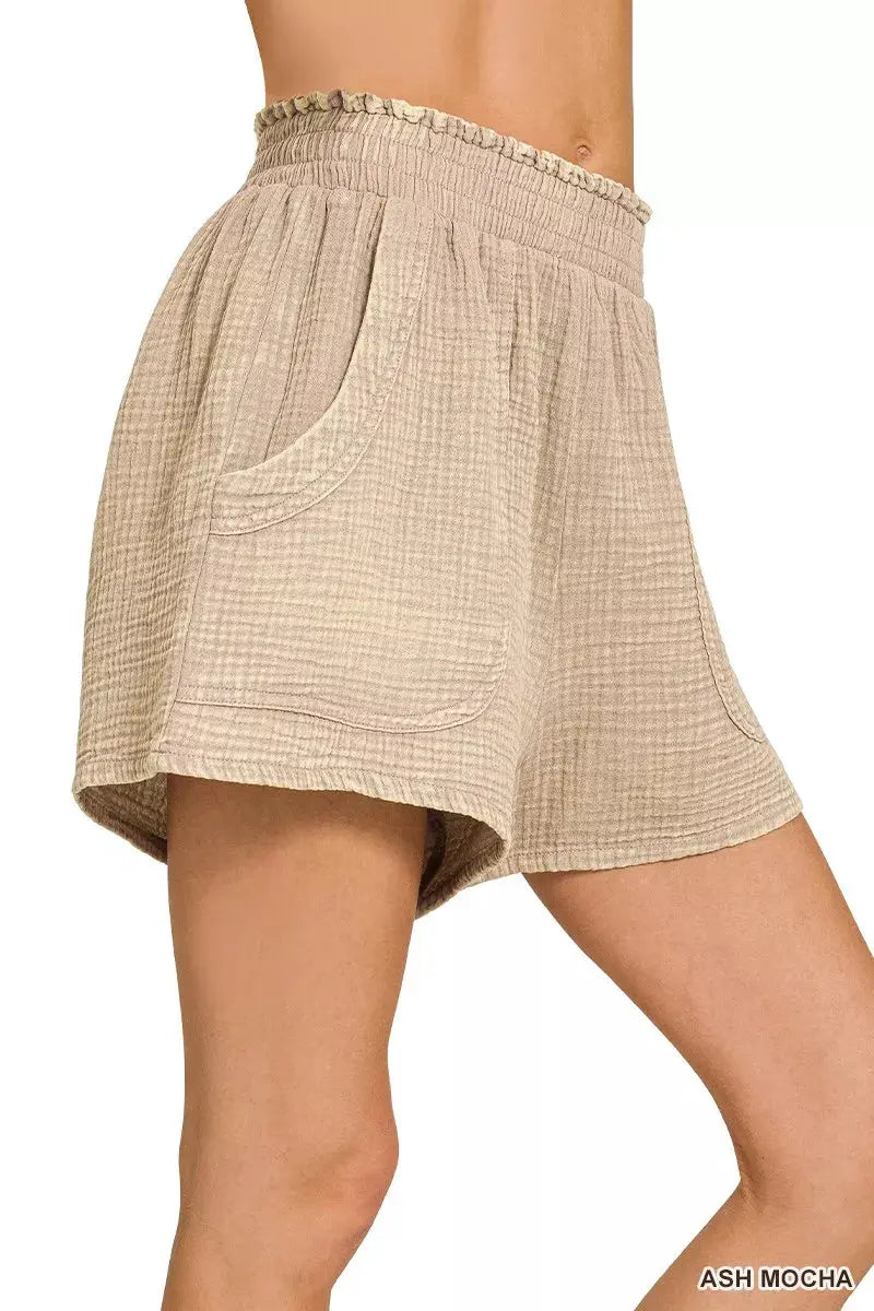 Zenana Ash Mocha Washed Double Gauze Shorts For Women Relaxed Fit — Parfymia