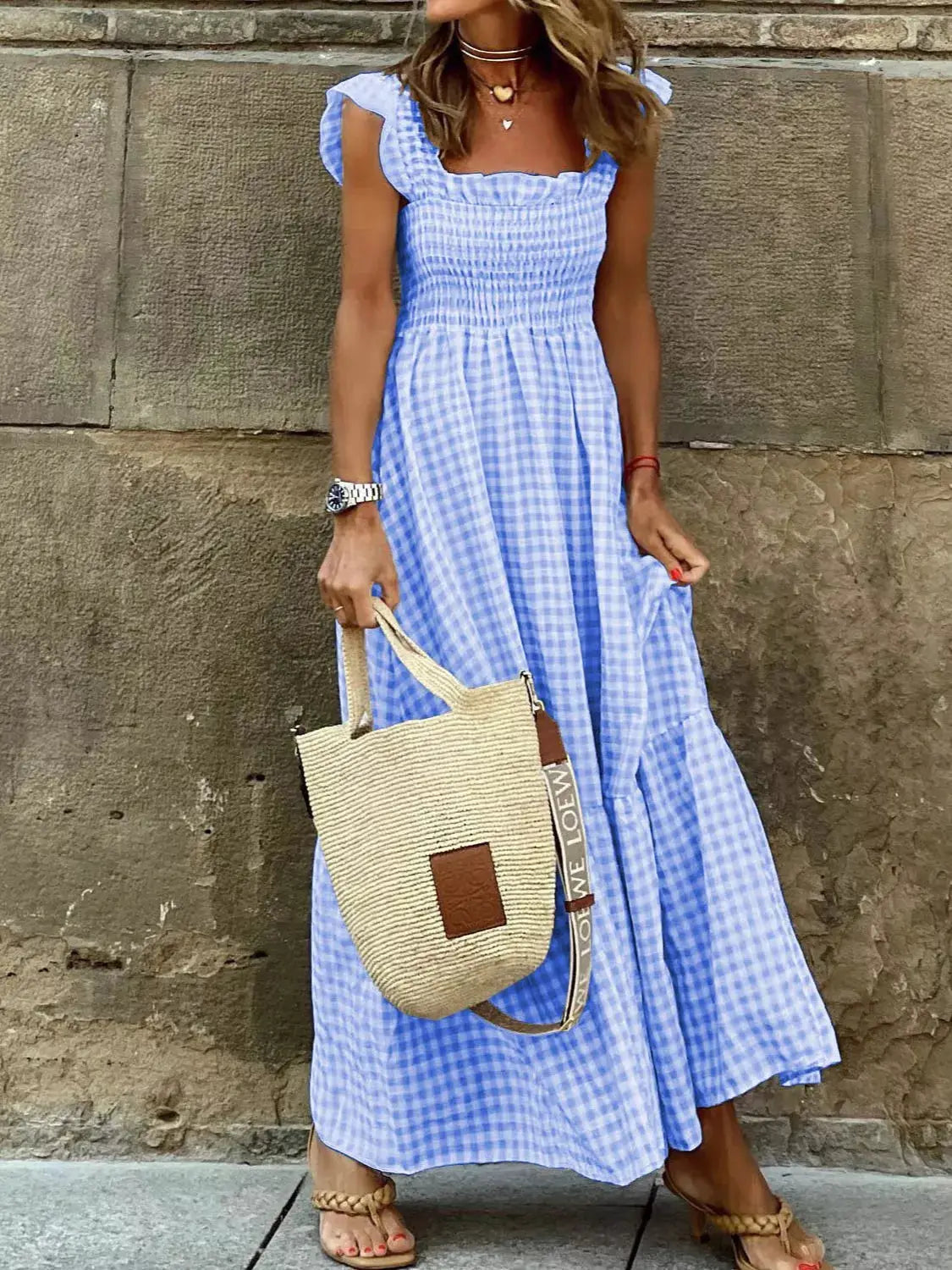 Full Size Gingham Smocked Ruffle Maxi Dress Plus Size Trendsi