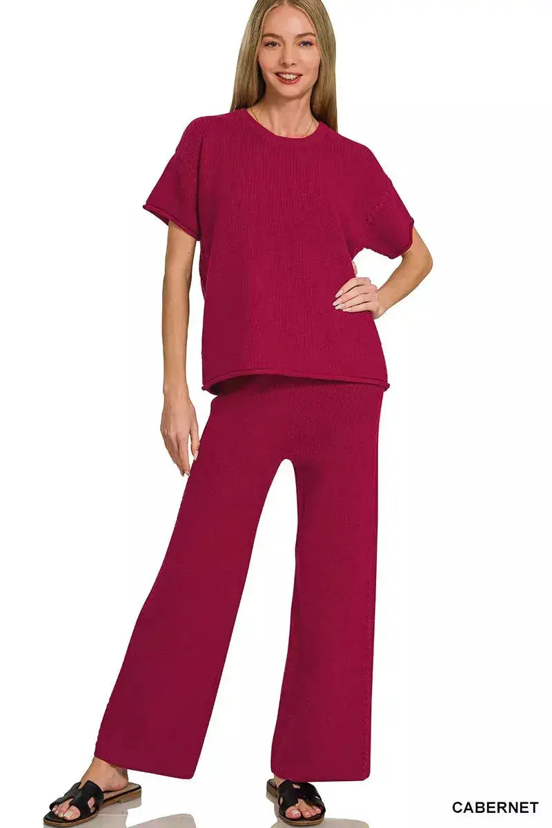 Zenana Cabernet Viscose Round Neck Top and Pants Set for Women Lounge Wear — Parfymia